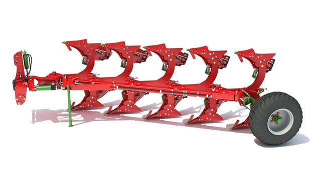 Semi Mounted Farm Plough 3D Rendering model on White Background