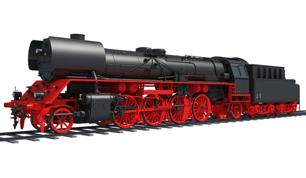 Steam old train locomotive 3d rendering model on a white background