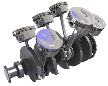 V6 Engine Cylinders 3D rendering model on white background