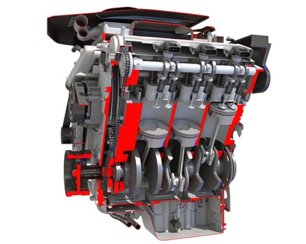 V6 Cutaway Car Engine 3D rendering model