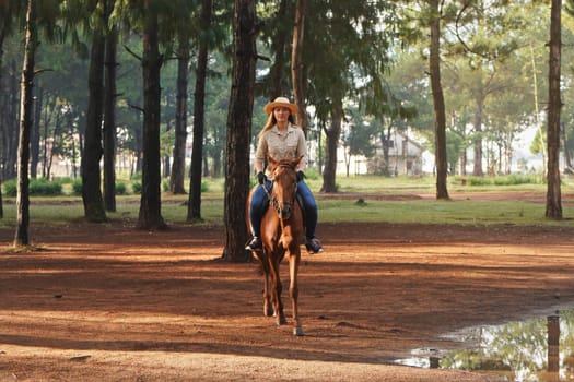 Young woman in shirt and straw hat, riding brown horse in the park, blurred background with houses and trees