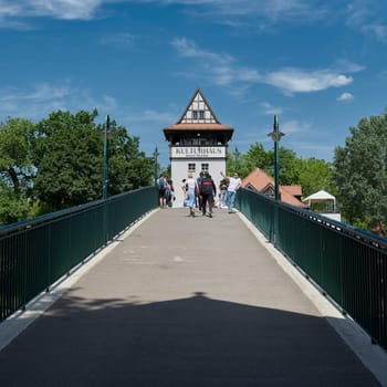 Abteibrücke, Abbey Bridge to the Kulturhaus Insel, a popular venue in the middle of the River Spree in Berlin's Treptow district