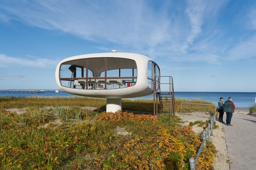 The former rescue tower by architect Ulrich Muether on the beach on the Baltic coast of Binz on the island of Ruegen in Germany. Today it is used as a registry office.