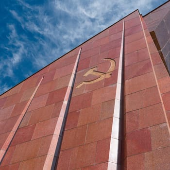 Detail of a monument in Treptower Park in Berlin with hammer and sickle, the symbol of the former Soviet Union