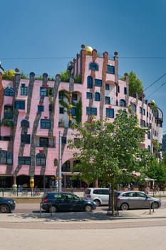 View of the Hundertwasser House, grüne Zitadelle, in Magdeburg, the last building by architect Friedensreich Hundertwasser, seen from the opposite side of the street