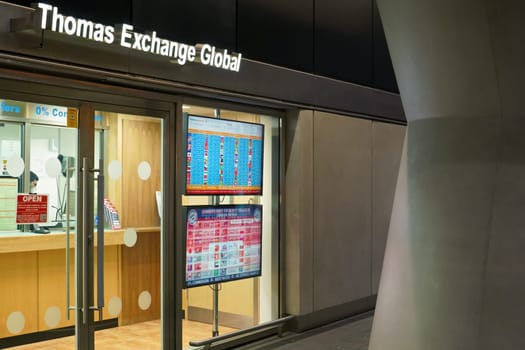London, United Kingdom - February 01, 2019: Thomas Exchange Global branch at London Bridge underground station. It is one of major currency change operators with 15 branches all over UK capital