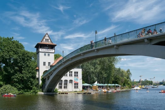 Abteibrücke, Abbey Bridge to the Kulturhaus Insel, a popular venue in the middle of the River Spree in Berlin's Treptow district