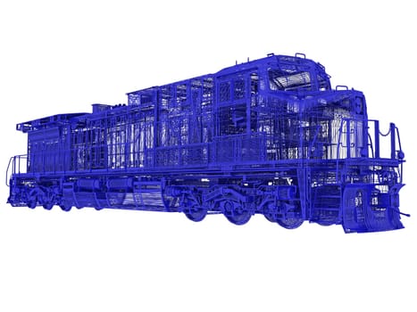 Diesel locomotive train 3d wireframe rendering digital polygonal mesh illustration isolated on white background