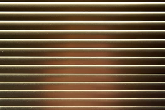 Detail on metal window blinds, some light reflects on, dust visible, abstract geometric background
