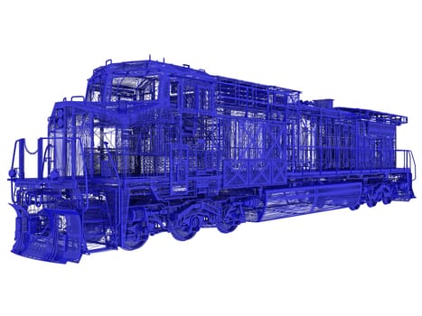 Diesel locomotive train 3d wireframe rendering digital polygonal mesh illustration isolated on white background