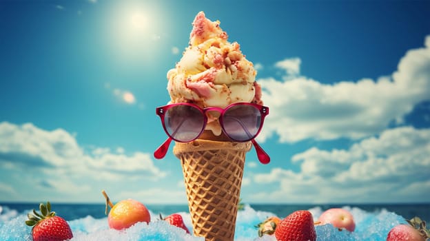 Summer creative layout with ice cream cone and sunglasses on pastel background. 80s or 90s retro fashion aesthetic ice cream concept. Minimal summer idea. Blue sunny holiday sky. Copy space Space for text