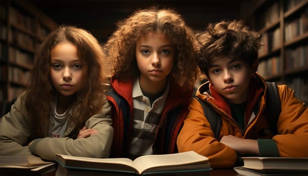 Multi-ethnic Education, books or students reading in a library for group learning development or growth. Storytelling, kids or happy children talking together for knowledge on funny fantasy stories at school portrait
