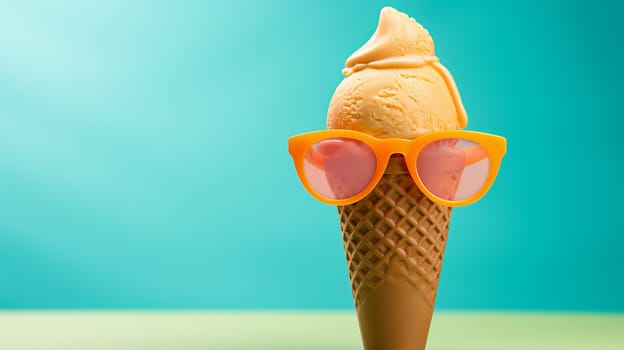 Summer creative layout with ice cream cone and sunglasses on pastel background. 80s or 90s retro fashion aesthetic ice cream concept. Minimal summer idea. Blue sunny holiday sky. Copy space Space for text