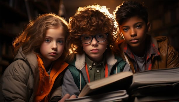 Multi-ethnic Education, books or students reading in a library for group learning development or growth. Storytelling, kids or happy children talking together for knowledge on funny fantasy stories at school portrait
