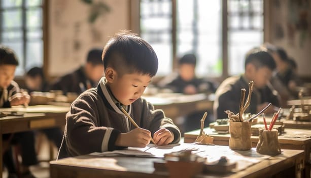Asian kindergarten learning to read and to write. Kids go back to school. Interracial group of children of mixed age in classroom. Students learn to read and write. Preschooler or kindergarten kid with teacher. Child learning letters with flash cards Chinese