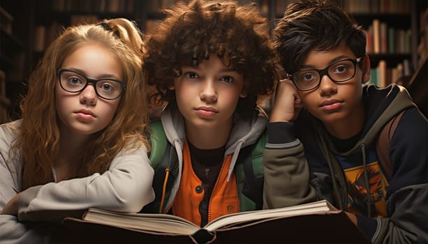 Multi-ethnic Education, books or students reading in a library for group learning development or growth. Storytelling, kids or happy children talking together for knowledge on funny fantasy stories at school portrait