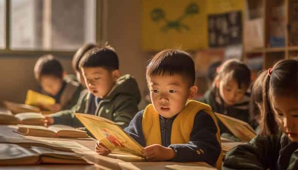 Asian kindergarten learning to read and to write. Kids go back to school. Interracial group of children of mixed age in classroom. Students learn to read and write. Preschooler or kindergarten kid with teacher. Child learning letters with flash cards Chinese