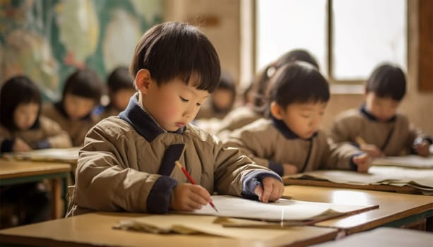 Asian kindergarten learning to read and to write. Kids go back to school. Interracial group of children of mixed age in classroom. Students learn to read and write. Preschooler or kindergarten kid with teacher. Child learning letters with flash cards Chinese