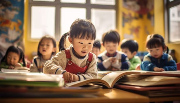 Asian kindergarten learning to read and to write. Kids go back to school. Interracial group of children of mixed age in classroom. Students learn to read and write. Preschooler or kindergarten kid with teacher. Child learning letters with flash cards Chinese