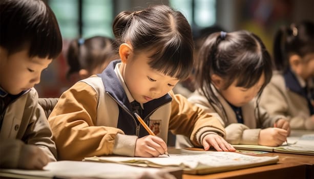 Asian kindergarten learning to read and to write. Kids go back to school. Interracial group of children of mixed age in classroom. Students learn to read and write. Preschooler or kindergarten kid with teacher. Child learning letters with flash cards Chinese