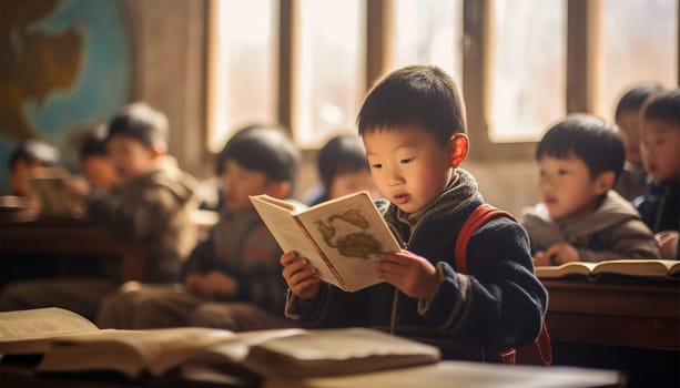 Asian kindergarten learning to read and to write. Kids go back to school. Interracial group of children of mixed age in classroom. Students learn to read and write. Preschooler or kindergarten kid with teacher. Child learning letters with flash cards Chinese