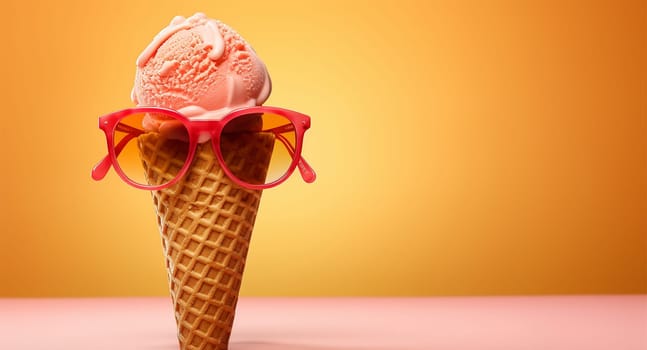 Summer creative layout with ice cream cone and sunglasses on pastel background. 80s or 90s retro fashion aesthetic ice cream concept. Minimal summer idea. Blue sunny holiday sky. Copy space Space for text