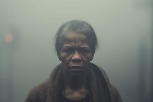 Sad and lonely elderly African American woman standing outside alone in the fog. Moody. Concept for depression and loneliness. mature woman depression sad african american senior woman lost health