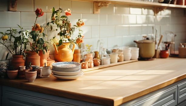 Kitchen counter cozy with cooking pan and other kitchenware. Detail at home kitchen with Scandinavian style. wooden shelf with kitchenware, metal jug with green plant on white countertop and hanging rack with golden utensils, cooking spoon, skimmer and ladle. Stylish retro interior Copy space closeup