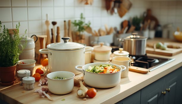 Kitchen counter cozy with cooking pan and other kitchenware. Detail at home kitchen with Scandinavian style. wooden shelf with kitchenware, metal jug with green plant on white countertop and hanging rack with golden utensils, cooking spoon, skimmer and ladle. Stylish retro interior Copy space closeup