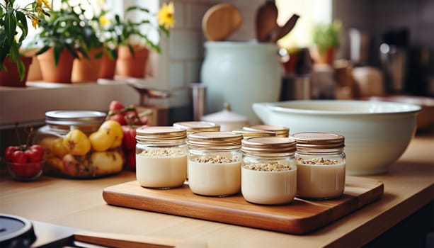 Kitchen counter cozy with cooking pan and other kitchenware. Detail at home kitchen with Scandinavian style. wooden shelf with kitchenware, metal jug with green plant on white countertop and hanging rack with golden utensils, cooking spoon, skimmer and ladle. Stylish retro interior Copy space closeup