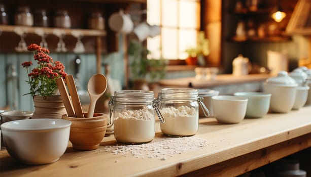 Kitchen counter cozy with cooking pan and other kitchenware. Detail at home kitchen with Scandinavian style. wooden shelf with kitchenware, metal jug with green plant on white countertop and hanging rack with golden utensils, cooking spoon, skimmer and ladle. Stylish retro interior Copy space closeup