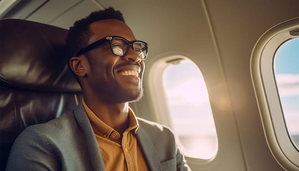 Handsome man sitting and smiling in airplane sunlight. Passenger traveler looking at window in airplane, travel by flight, man tourist sitting in air plane. Travel concept. Transportation,plane,flight Holiday concept happy customer