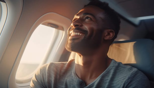 Handsome man sitting and smiling in airplane sunlight. Passenger traveler looking at window in airplane, travel by flight, man tourist sitting in air plane. Travel concept. Transportation,plane,flight Holiday concept happy customer