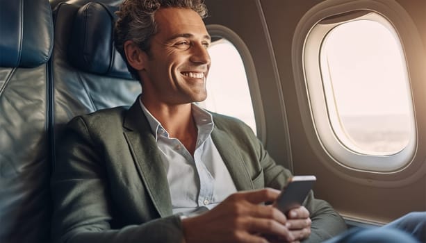 side view, Smart and handsome adult male passenger using his smartphone during the flight. Sitting by window on sunny day. Travel,technology,transportation on airplane concept business