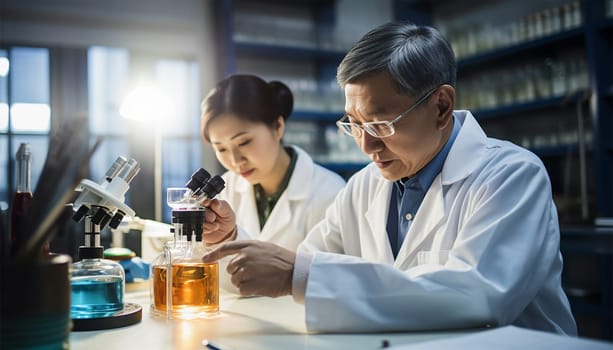 Asian scientist team has researching in the laboratory. Microbiologist or medical worker use test tube. Scientist Asian team in laboratory. Biotechnology research in lab analyzing