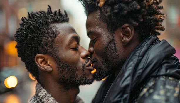Homosexual couple at a romantic date outdoors Multi-ethnic gay couple in love flirting and having fun. Proud homosexual couple romantic outdoors