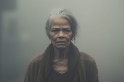 Sad and lonely elderly African American woman standing outside alone in the fog. Moody. Concept for depression and loneliness. mature woman depression sad african american senior woman lost health