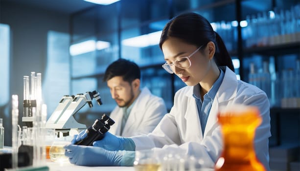 Asian scientist team has researching in the laboratory. Microbiologist or medical worker use test tube. Scientist Asian team in laboratory. Biotechnology research in lab analyzing