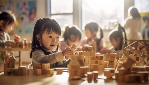 Asian kindergarten. Children boy and girl playing with constructor wooden block building, Happy little kids play wood block stacking, activities learning creative, toys for preschool and kindergarten Chinese