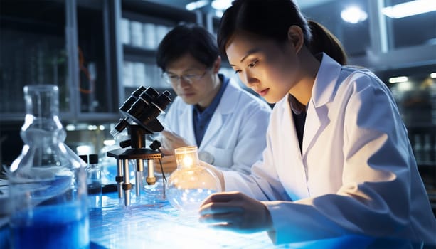 Asian scientist team has researching in the laboratory. Microbiologist or medical worker use test tube. Scientist Asian team in laboratory. Biotechnology research in lab analyzing