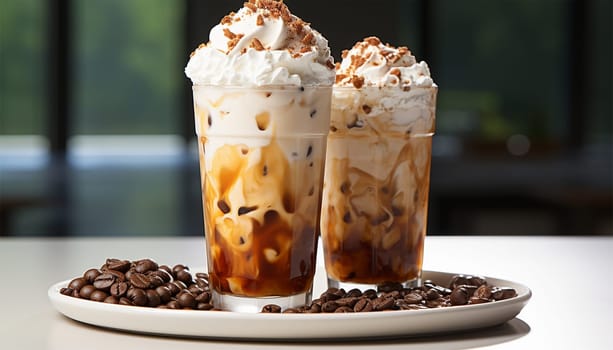 Assorted iced coffee on white concrete background. Minimal composition with cold summer drinks: espresso tonic, ice moccachino and latte. Summer composition for coffee menu copy space Space for text