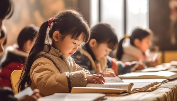 Asian kindergarten learning to read and to write. Kids go back to school. Interracial group of children of mixed age in classroom. Students learn to read and write. Preschooler or kindergarten kid with teacher. Child learning letters with flash cards Chinese