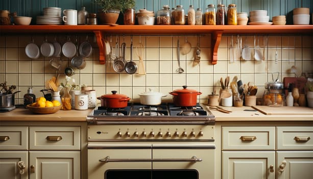 Cozy stylish kitchen with household items. Element of cozy house with modern kitchen interior, contemporary wooden furniture, cooking hood over retro gas stove and kitchenware supplies retro