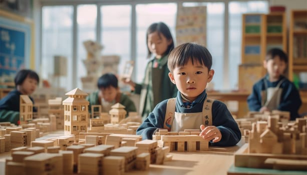 Asian kindergarten. Children boy and girl playing with constructor wooden block building, Happy little kids play wood block stacking, activities learning creative, toys for preschool and kindergarten Chinese