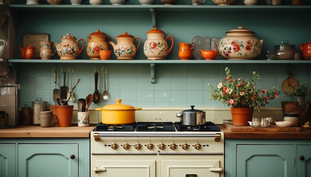 Cozy stylish kitchen with household items. Element of cozy house with modern kitchen interior, contemporary wooden furniture, cooking hood over retro gas stove and kitchenware supplies retro