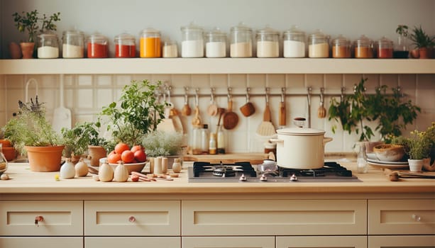 Cozy stylish kitchen with household items. Element of cozy house with modern kitchen interior, contemporary wooden furniture, cooking hood over retro gas stove and kitchenware supplies retro