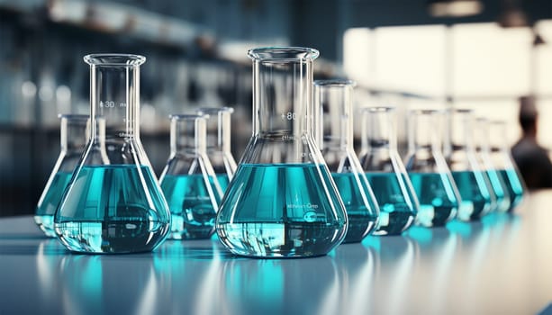 Science research in lab with measuring beaker and notebook in lab. Laboratory Research Scientific Glassware For Chemical Background Copy space