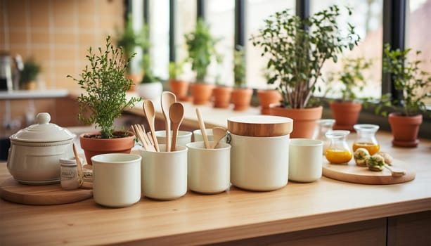Kitchen counter cozy with cooking pan and other kitchenware. Detail at home kitchen with Scandinavian style. wooden shelf with kitchenware, metal jug with green plant on white countertop and hanging rack with golden utensils, cooking spoon, skimmer and ladle. Stylish retro interior Copy space closeup
