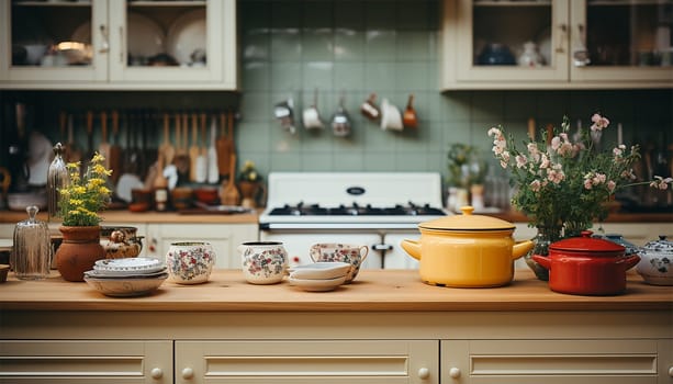 Cozy stylish kitchen with household items. Element of cozy house with modern kitchen interior, contemporary wooden furniture, cooking hood over retro gas stove and kitchenware supplies retro