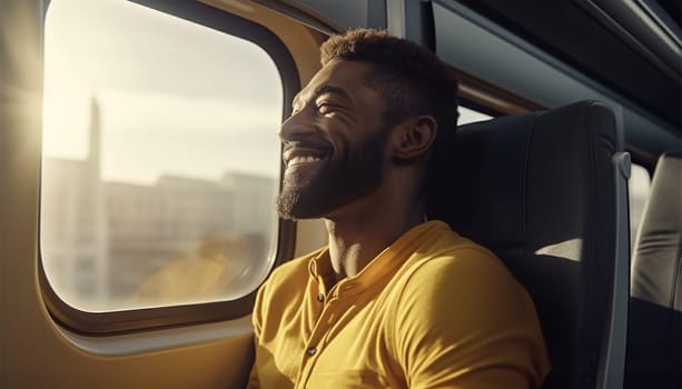 A young handsome man entrepreneur sitting on a soft seat of a high-speed intercountry train during his business travel. Sitting by the window in modern train. Transportation,travel concept portrait